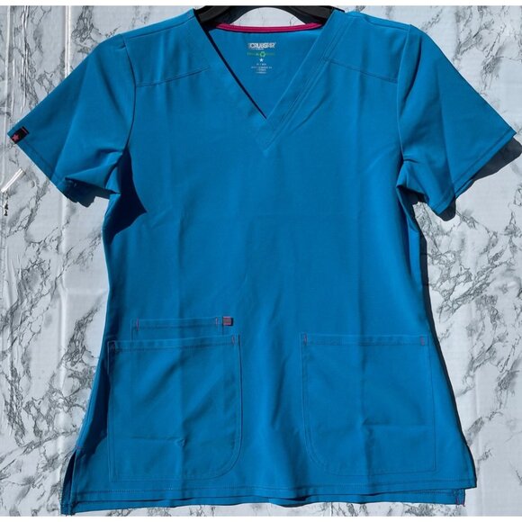 Scrubstar Womens XS V-Neck Scrub Top Bondi Blue With Pockets Recycled Polyester - Picture 1 of 8